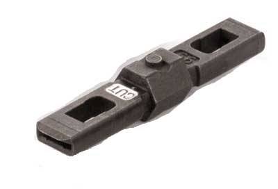 Ein Metallwerkzeug mit rechteckigen Öffnungen an beiden Enden und einer Sechskantmitte, vermutlich für spezielle Schraubarbeiten.