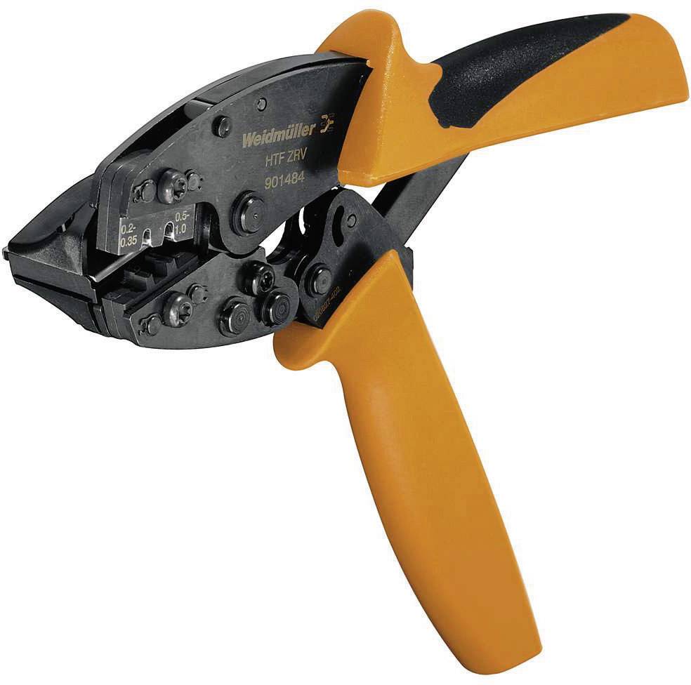 Zange mit orangefarbenem Griff, geeignet für das Crimpen von Leitungen. Markenname 'Weidmüller HTF 21V' auf der Zange sichtbar.