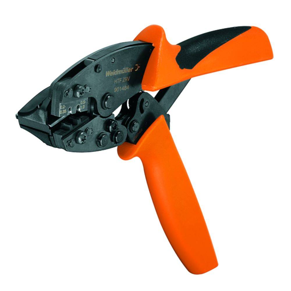 Eine orange-schwarze Crimpzange mit Aufschrift 'Weidmüller' auf der Kopfseite, verwendet zum Verbinden von Kabeln mit Anschlussstücken.