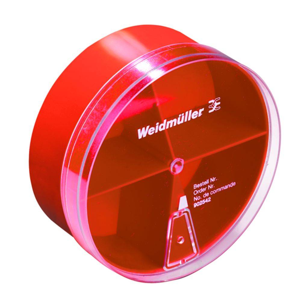 Eine runde, rote Kunststoffbox mit transparentem Deckel. Darauf steht 'Weidmüller'. Enthält Bestellnummern und ein kleines symbolisches Icon.