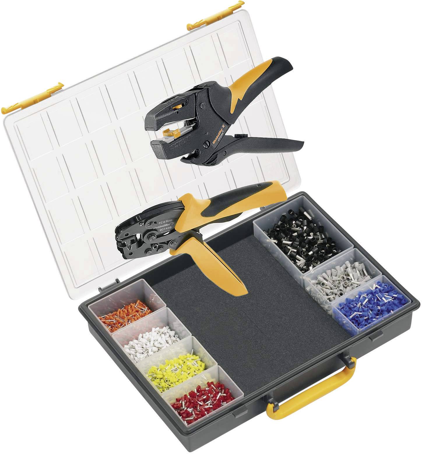 Ein offener Werkzeugkasten mit zwei Zangen. Verschiedene farbige Kabelklemmen sind in separaten Fächern angeordnet.