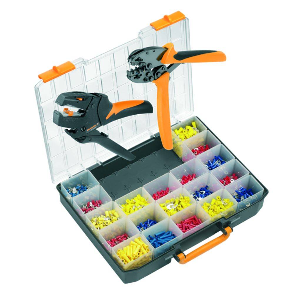 Ein geöffneter Werkzeugkasten mit farbigen Kabelklemmen und zwei Crimpzangen aufklappbar.