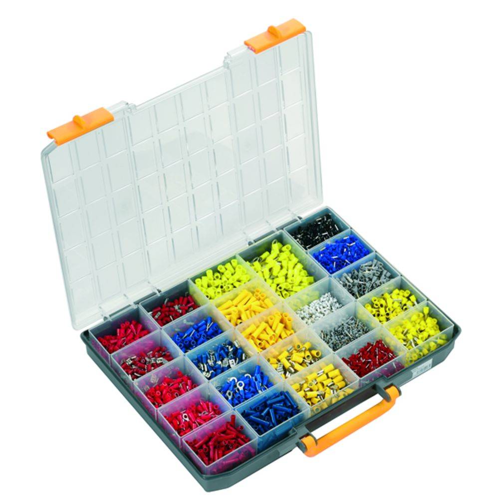 Plastic case with an open lid, displaying colourful cable shoes and connection terminals sorted in various colours and sizes.