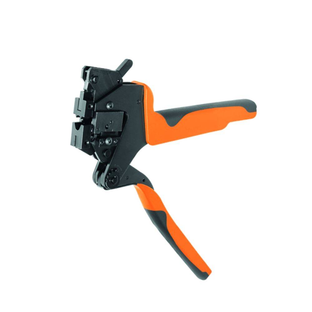 Ein orange-schwarzes Handwerkzeug, das zum Crimpen verwendet wird. Es hat zwei Griffe und einen Mechanismus zum Crimpen von Kabeln.