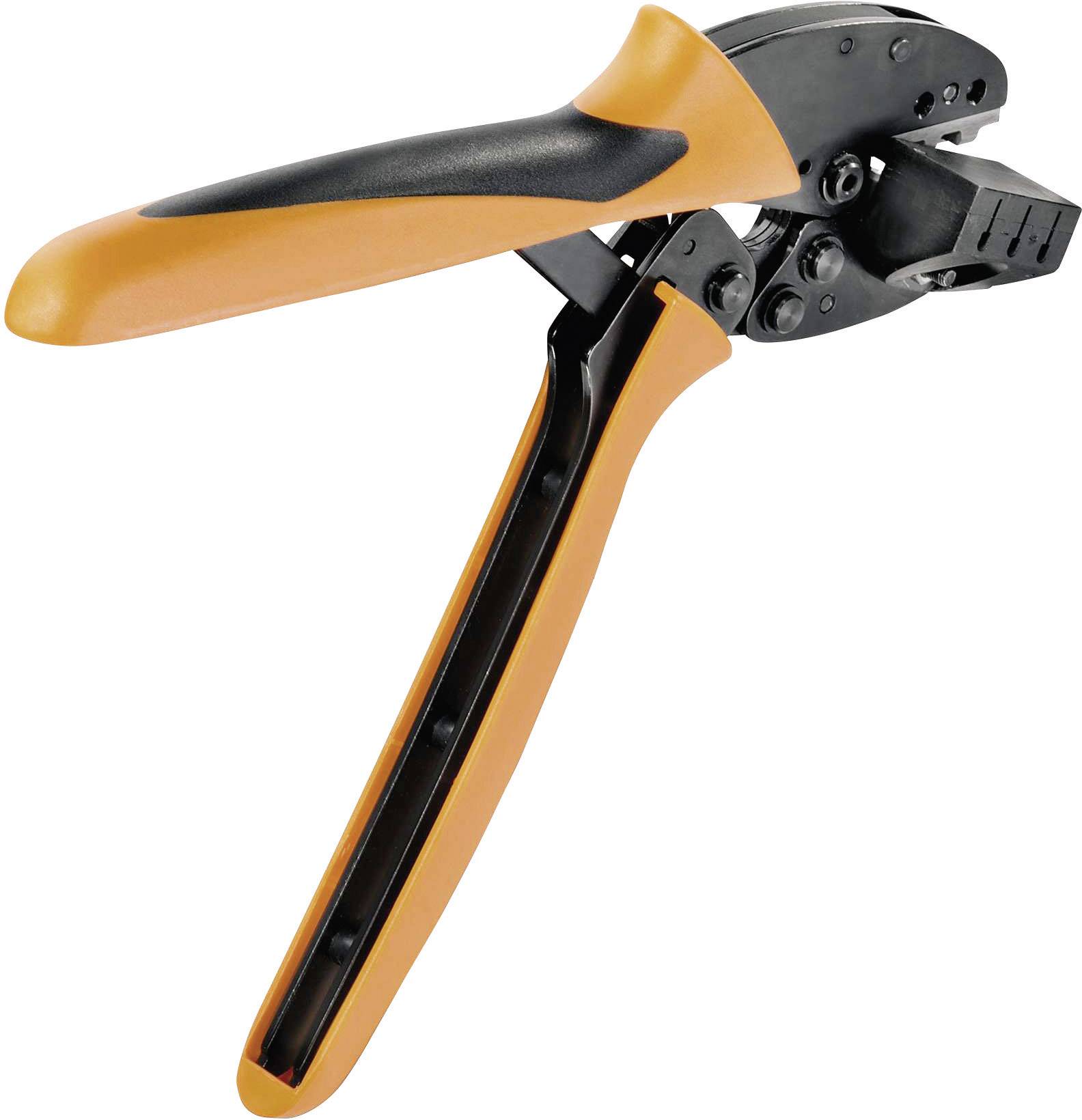 Eine orange-schwarze Crimpzange mit Griff, verwendet zum Verbinden und Crimpen von Kabelschuhen auf elektrischen Drähten.