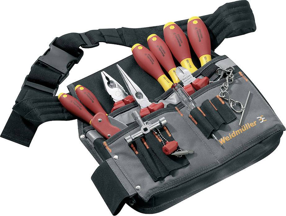 Werkzeughalter mit verschiedenen Handwerkzeugen wie Zangen und Schraubendrehern, markiert mit 'Weidmüller'. Ideal für Elektriker.