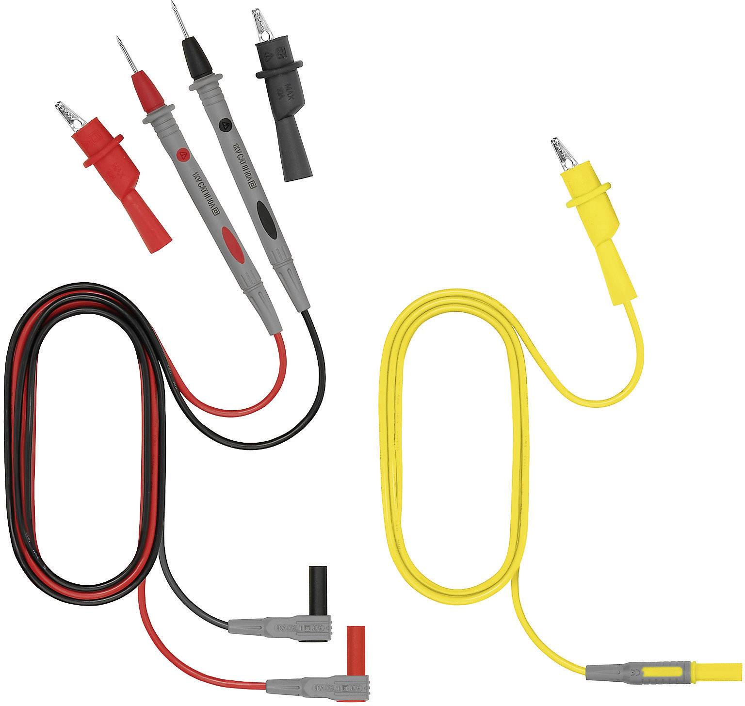 Zwei Sätze von Prüfspitzen und Kabeln, links rot-schwarz, rechts gelb, zur Verwendung mit einem Multimeter zur elektrischen Messung.