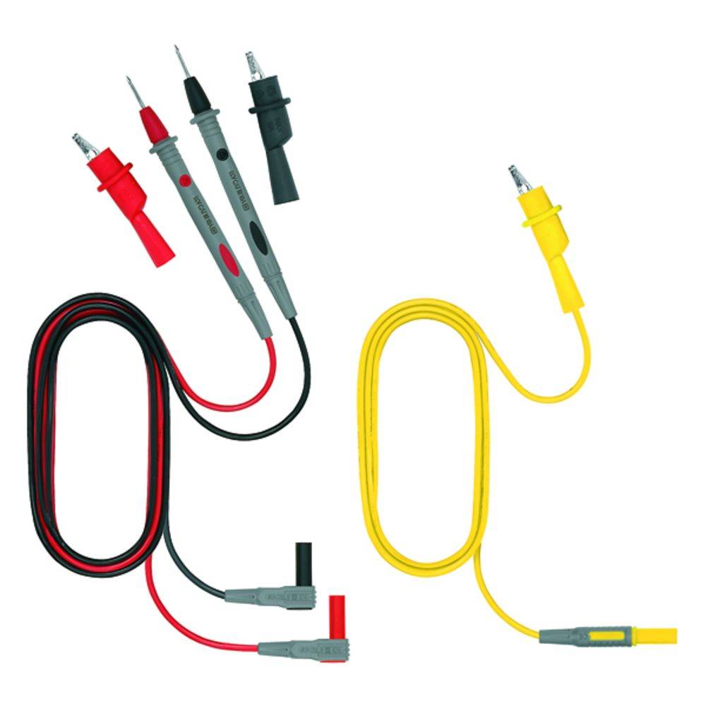 Zwei Sätze Messkabel: links rot und schwarz, rechts gelb. Verwendet für elektrische Prüfungen.