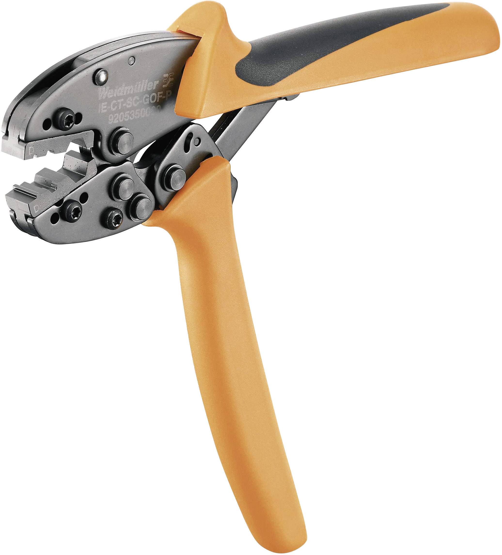 Crimpzange mit orange-schwarzem Griff, verwendet zum Verbinden von Kabeln mit Anschlüssen. Geeignet für Elektriker und Heimwerker.