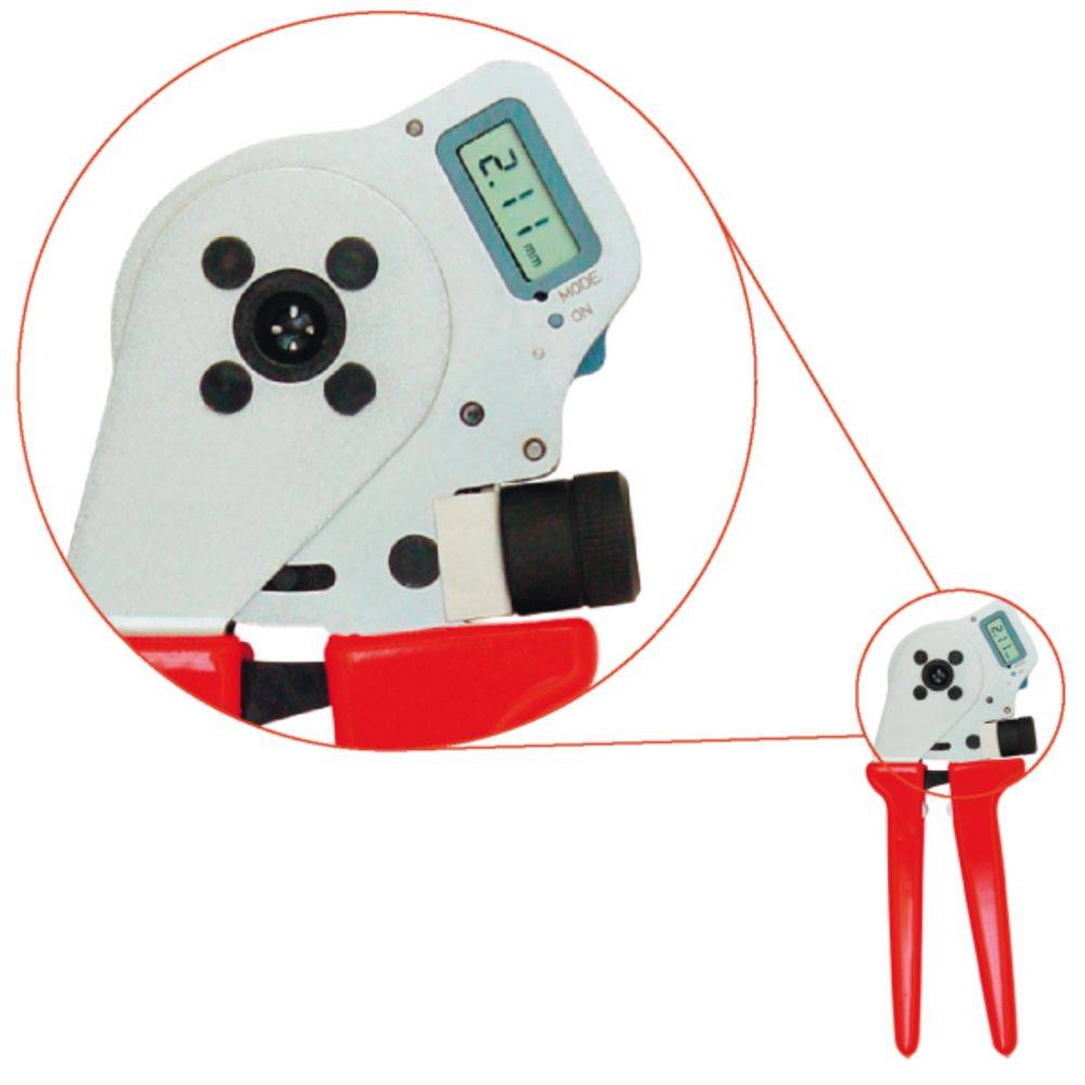 Ein digitales Messgerät mit rotem Griff zeigt eine Anzeige von '21.1'. Das Gerät ist vergrößert dargestellt, um Details zu zeigen.