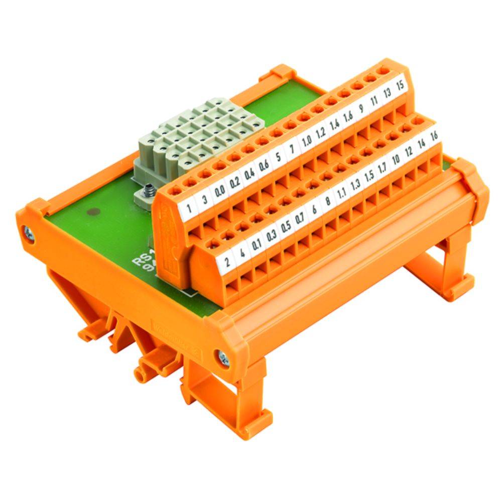 Orangefarbener elektrischer Anschlussblock mit nummerierten Klemmen von 1 bis 17. Ideal für kompakte Verkabelungsanwendungen.