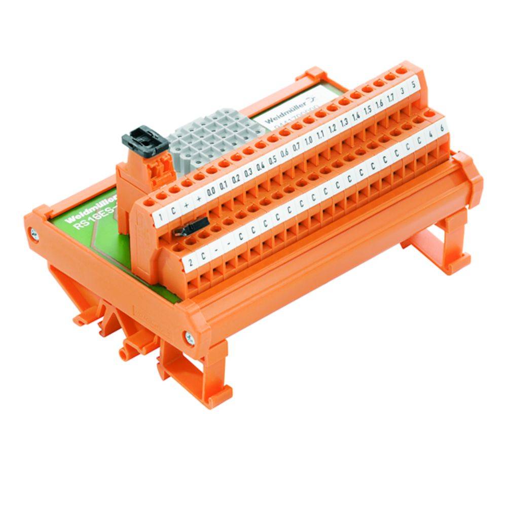 Oranges Anschlussmodul mit nummerierten Klemmen für elektrische Verbindungen auf weißem Hintergrund.