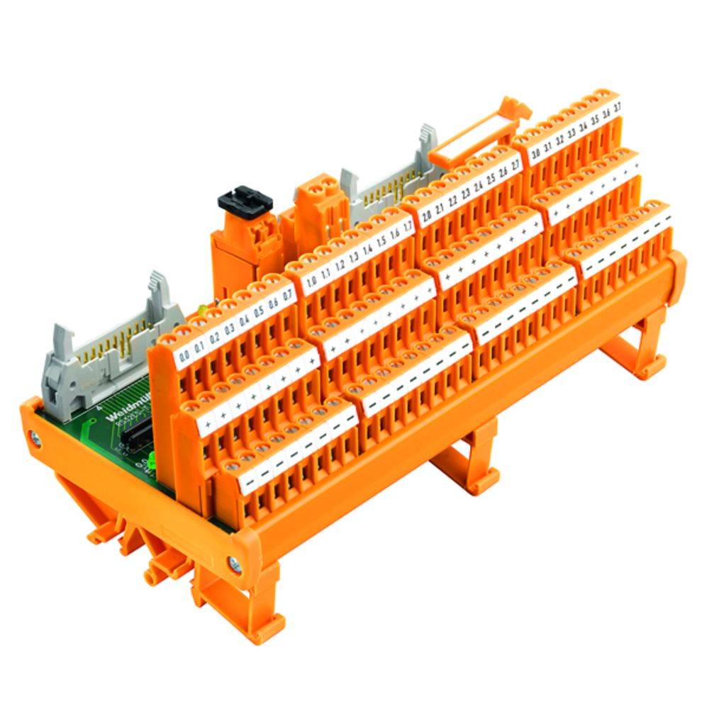 Oranges Klemmmodul mit mehreren Anschlussreihen zur elektrischen Verbindung und Organisation.