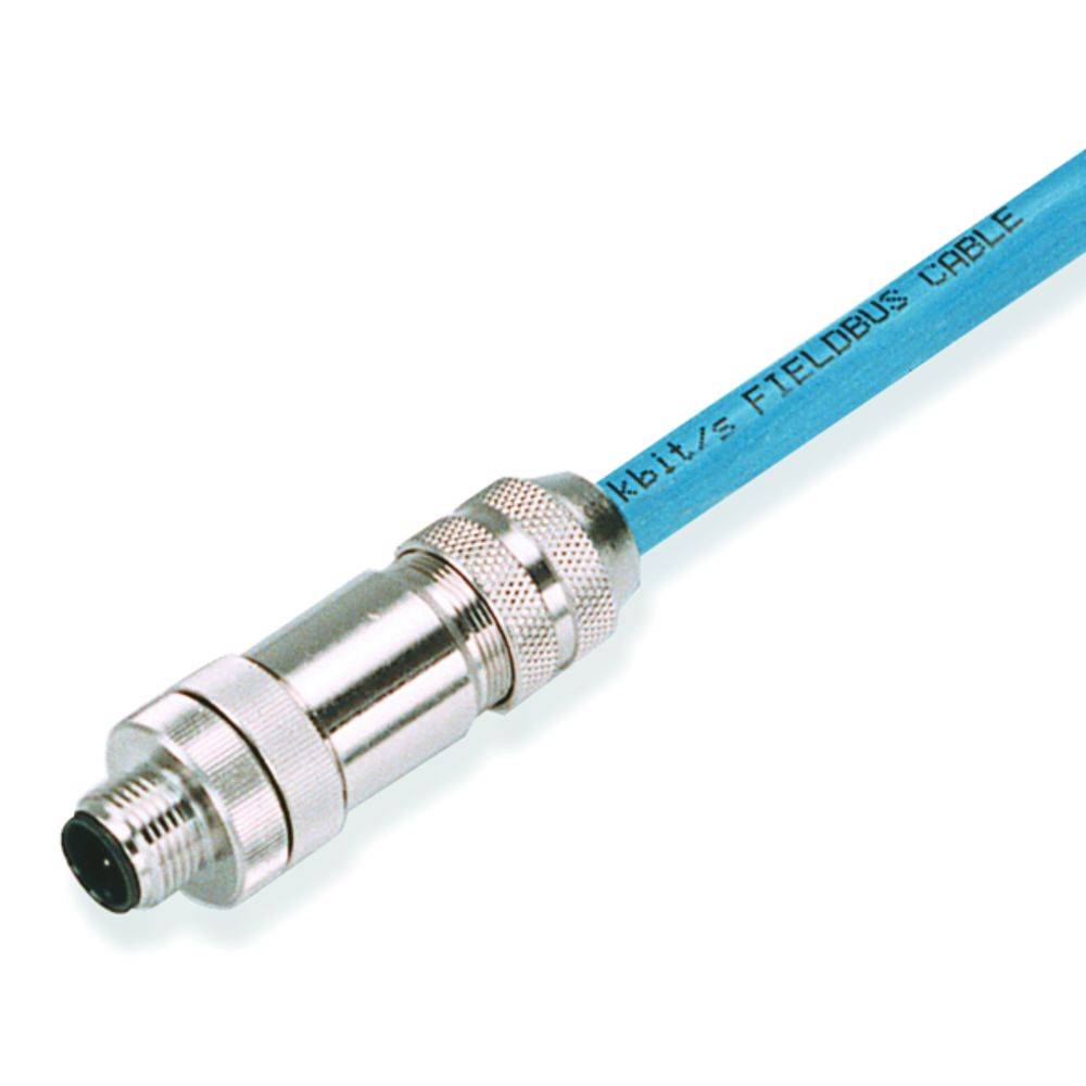 Ein blaues Feldbuskabel mit einer silbernen Steckverbindung, beschriftet mit 'kbk/s fieldbus cable'.