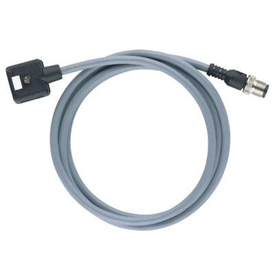 Graues Kabel mit einem rechteckigen Stecker am linken Ende und einem runden Stecker am rechten Ende, auf weißem Hintergrund.