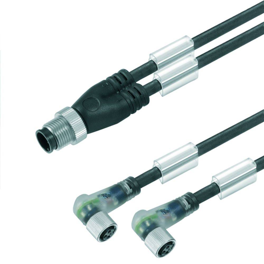 Schwarzes Kabel mit dreipoligem Rundstecker und zwei rechteckigen Steckverbindern, die für elektronische Geräteanschlüsse genutzt werden.