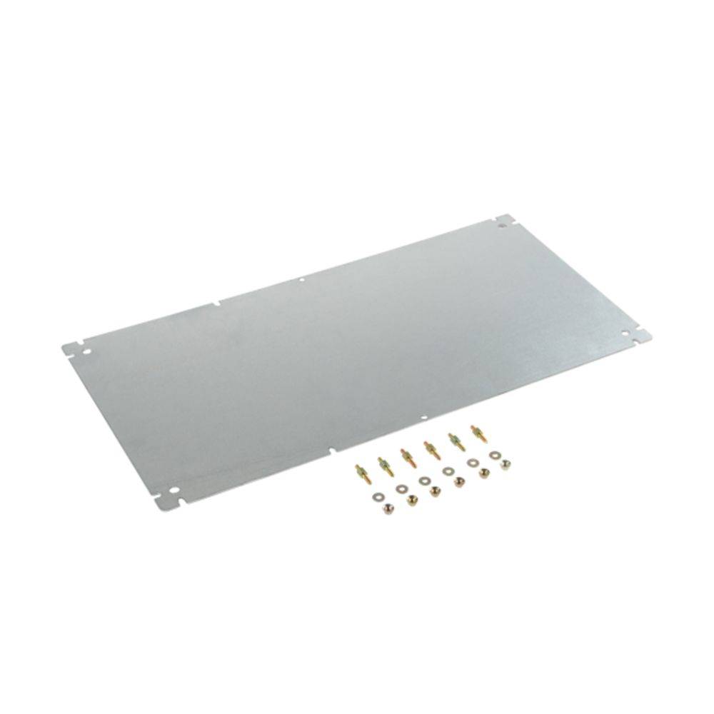 Rechteckige Metallplatte mit abgerundeten Ecken, daneben kleine Schraub- und Befestigungsteile. Ideal für technische Konstruktionen.