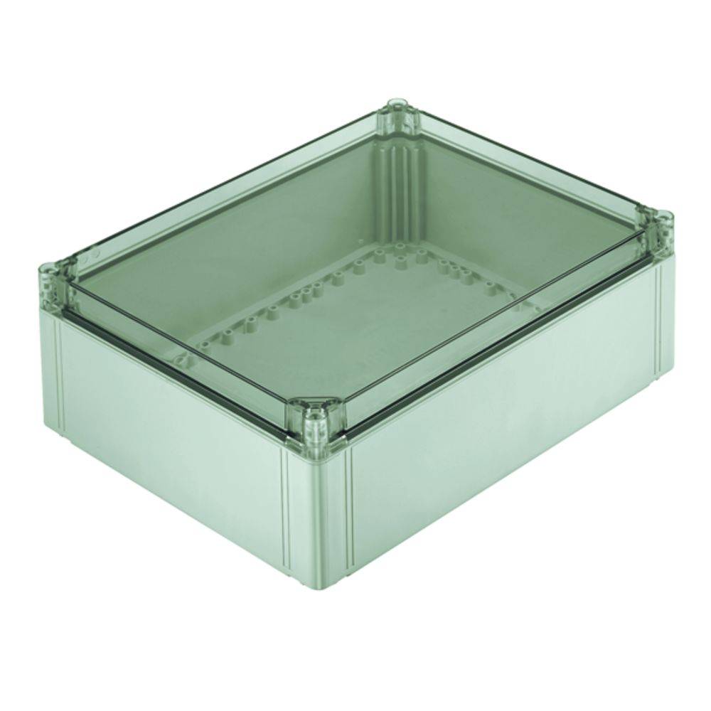 Rechteckige, transparente Kunststoffbox mit abnehmbarem Deckel, geeignet zur Aufbewahrung kleinerer Gegenstände oder elektronischer Bauteile.