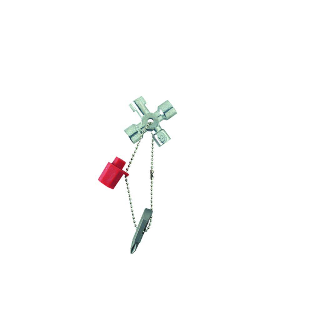 Ein grauer Universalschlüssel mit Ketten und zwei Anhängern, einem roten und einem grünen. Verwendet zum Öffnen verschiedener Verschlüsse.