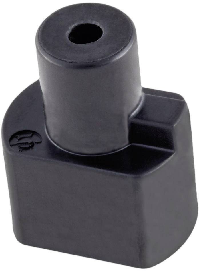 Ein schwarzer, zylinderförmiger Gummi-Puffer mit rechteckiger Basis und zentralem Loch, verwendet zur Stoßdämpfung bei Geräten.