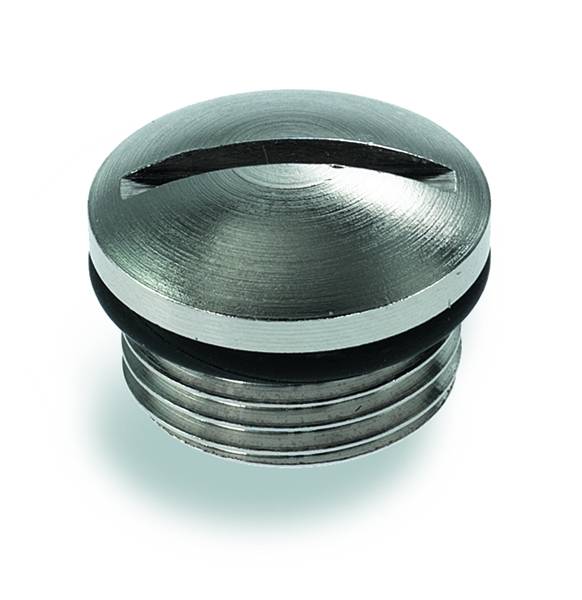 Silberne Metallschraube mit flachem Kopf und Schlitz.