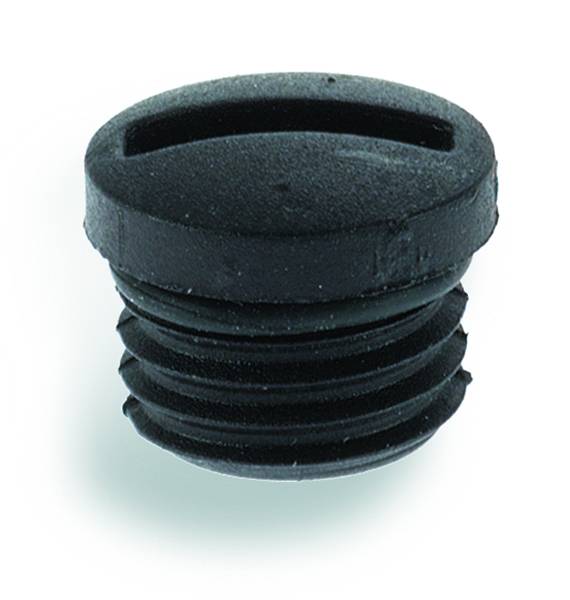 Schwarzer, runder Kunststoffpfropfen mit Schlitz oben. Dient zum Verschließen oder Abdichten von Öffnungen, angepasst an Schraubengewinde.