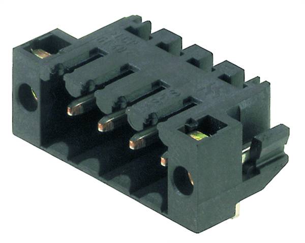 Vierpoliger elektrischer Steckverbinder mit schwarzen Gehäuse und metallischen Kontakten.