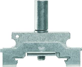 Metallischer Steckverbinder zur elektrischen Verbindung von zwei Komponenten, mit zylindrischem Aufsatz und rechteckiger Basis.