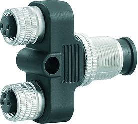 Y-Adapter mit drei Steckverbindungen, schwarzes Kunststoffgehäuse, zwei silberne Gewindemuttern.