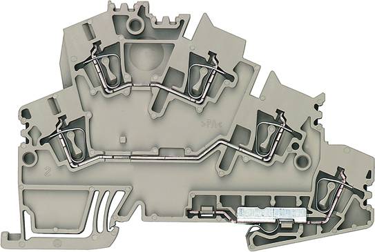 Graue Klemme mit mehreren Anschlussmöglichkeiten und eingebauten Metallverbindungen. Geeignet für elektrische Verbindungen in Schaltschränken.