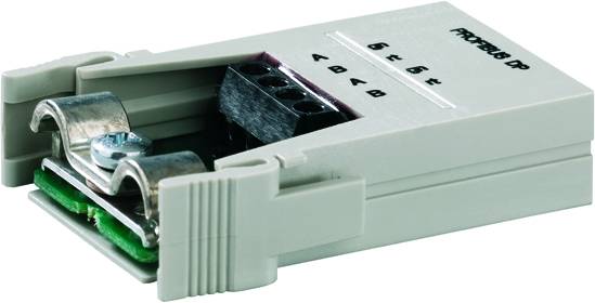 Ein elektrisches Bauteil in Weiß mit Anschlussklemmen und Beschriftung 'Profibus DP', vermutlich ein Adapter oder Konverter.