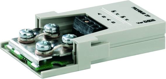 'Profibus DP Plug' in Grau mit integrierter Elektronik. Vier Schraubklemmen und mehrere Anschlüsse sichtbar, zur industriellen Kommunikation.