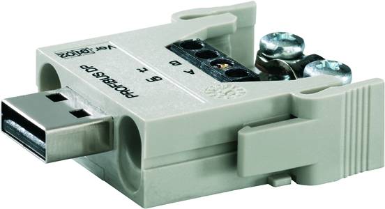 Ein USB-Adapter im industriellen Design mit Schraubklemmen und Beschriftungen, geeignet für die PROFIBUS-DP-Kommunikation.