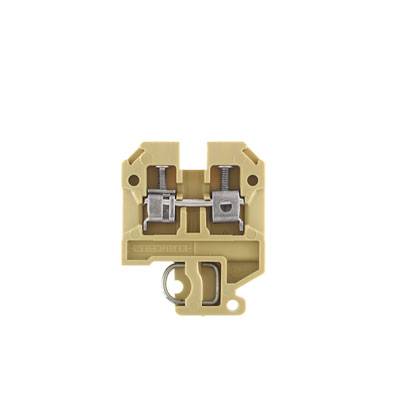 Gelbes elektrisches Klemmblockbauteil mit zwei Schraubverbindungen zur Fixierung von Kabeln. Ideal für Schaltkästen oder elektrische Verbindungen.