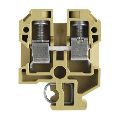 Ein gelber Reihenklemmverbinder mit zwei Metallschrauben zur elektrischen Leitungsverbindung, geeignet für industrielle Anwendungen.