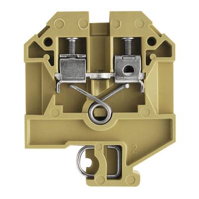 Ein beige Klemmenteil mit zwei Schrauben und einer Metallverbindung in der Mitte, häufig in elektrischen Schaltkreisen verwendet.