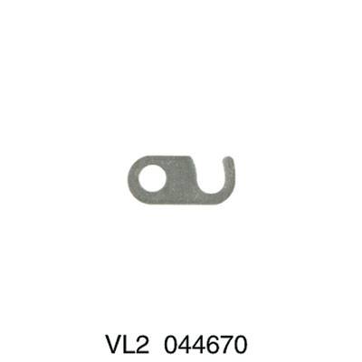 Metallclip mit Loch und Hakenform vor weißem Hintergrund. Unten befindet sich die Nummer 'VL2 044670'.