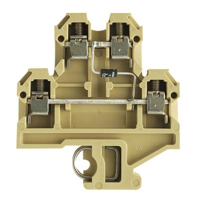 Ein hellbrauner elektrischer Klemmenblock mit drei Anschlusspunkten, verbunden durch Metallleiter.