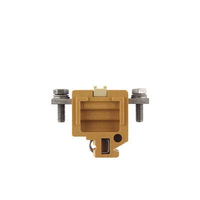 Brauner elektrischer Anschlussklemme mit Schrauben von Weidmüller, Vorderansicht.