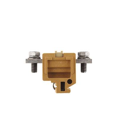Ein gelbes elektrische Bauteil mit zwei Schraubenaufsätzen. Es sieht aus wie ein Trennschalter oder Sicherungshalter.