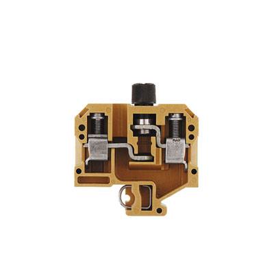 Ein gelber elektrischer Klemmenblock mit zwei Verbindungsschrauben und internen Metallkanälen zur Stromführung.