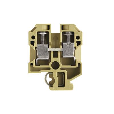 Elektrische Klemmleiste in beige mit zwei Metallschraubverbindungen oben, geeignet zur Kabelbefestigung in elektrischen Systemen.