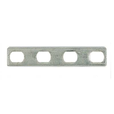 Ein rechteckiges Metallstück mit vier rechteckigen Löchern in einer Reihe. Geeignet für mechanische oder strukturelle Anwendungen.