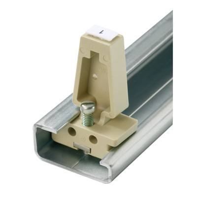 Ein Kunststoff-Halter mit Schraube auf einer Aluminiumschiene montiert. Dient zur Befestigung und Positionierung auf der Schiene.