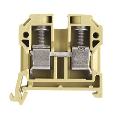 Ein gelber elektrischer Klemmenblock mit zwei silbernen Schraubklemmen, zur sicheren Verbindung von Kabeln in elektrischen Anwendungen.