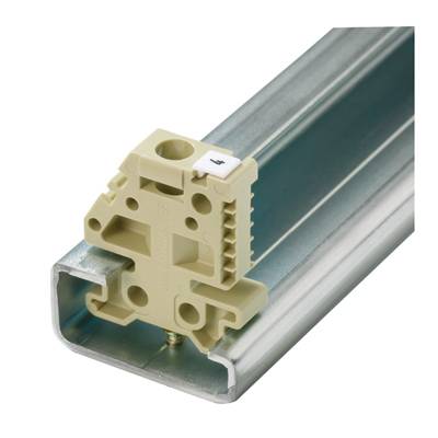 Ein Kunststoffklemmelement ist auf einer Metallschiene montiert. Es wird häufig in elektrischen Schaltschränken verwendet.