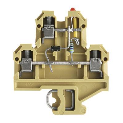 Beige Reihenklemme mit Schraubverbindungen, zeigt interne Verkabelung und Anschlussmöglichkeiten für elektrische Verbindungen.