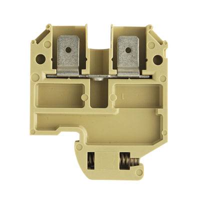 Ein beiges elektromechanisches Bauteil, vermutlich eine Schienenklemme, mit zwei Metallkontakten und einem federbelasteten Mechanismus.