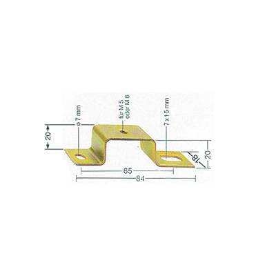Metallhalterung mit Bohrungen: 84 mm lang, 20 mm hoch, 65 mm breit. Bohrung Ø 7 mm und für M5 oder M6.