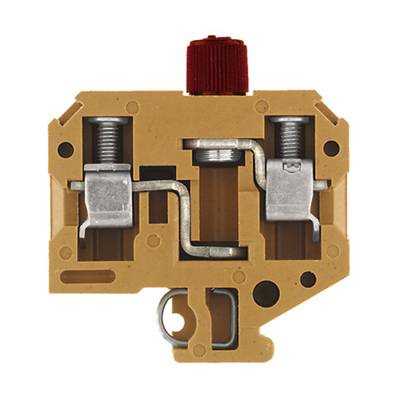 Ein braunes, rechteckiges mechanisches Bauteil mit zwei Metallfedern und einem roten Drehknopf oben, Hauptkomponenten sind sichtbar.